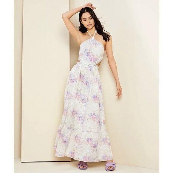 Gianni Bini Delaney Embroidered Eyelet Halter Tie Dye Sleeveless Cut-Out Dress - Picture 1 of 6